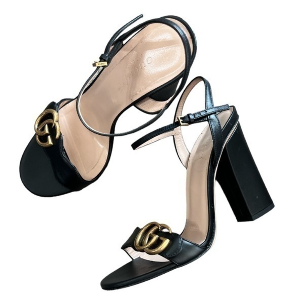 Gucci Black Leather Block Heel Sandals with Gold Double G